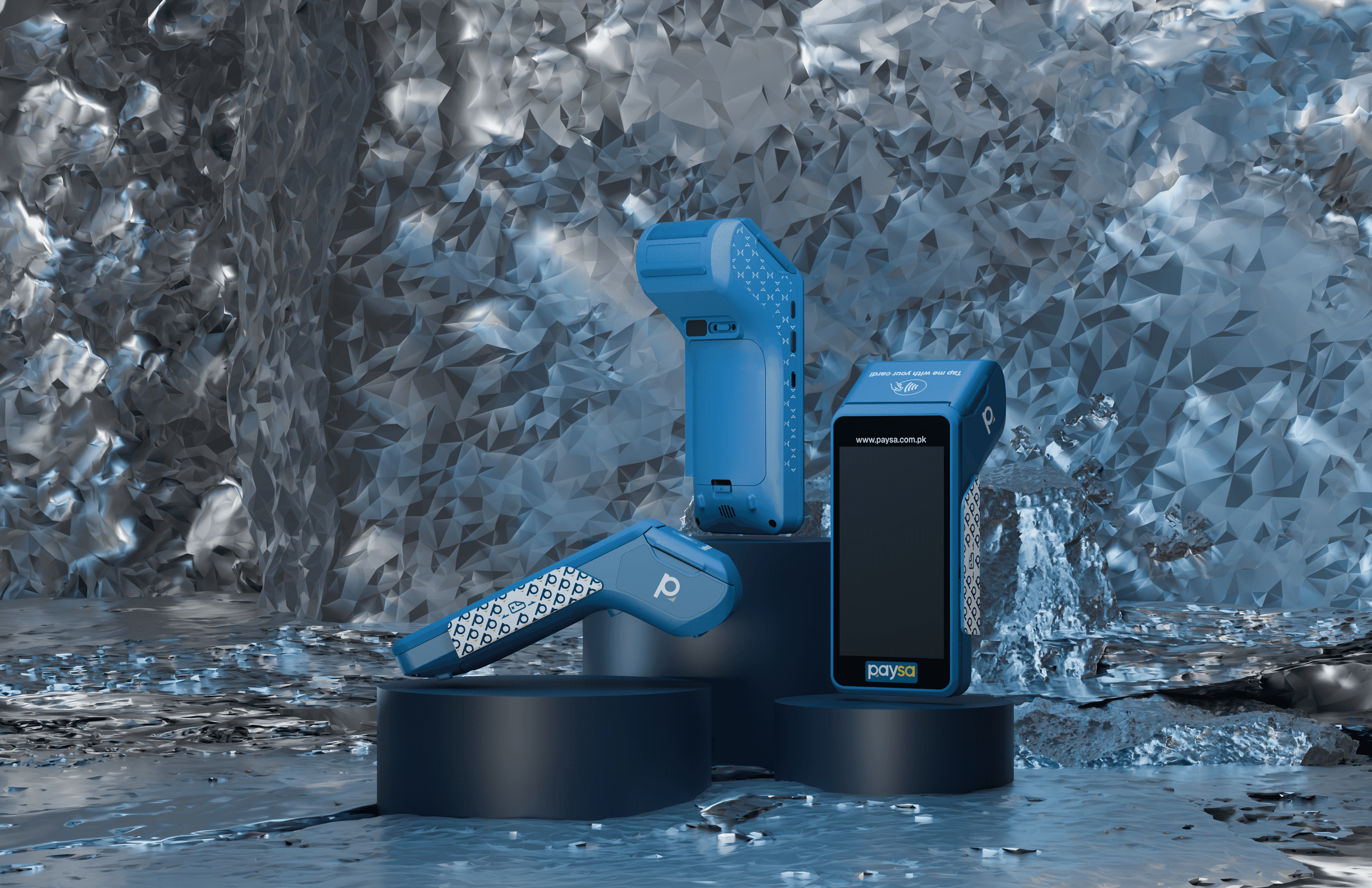 PaySa POS terminals on dark podiums